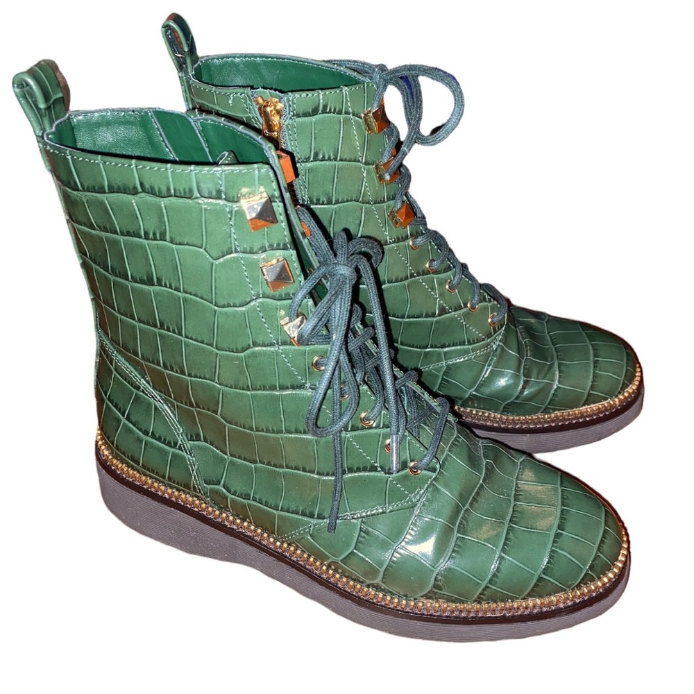 Michael Kors Haskell croc embossed leather bootie, combat boots, moss green, 9.5 - Picture 8 of 15